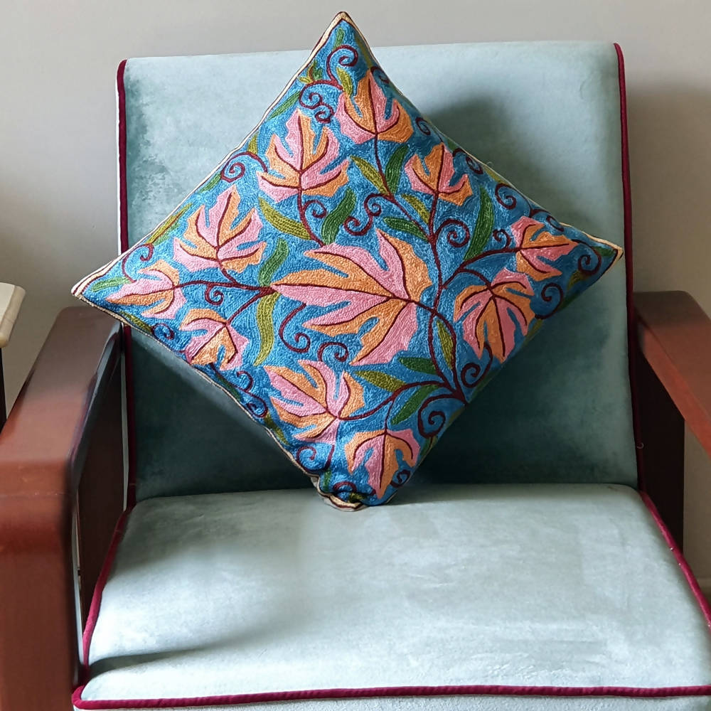The Decor Nook Hand Embroidered Crewel Cushion Covers in Colar Pink & Chinar Leaf Motif with Blue Base