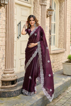Vastranavya Wine Embroidery Work Shimmer Chiffon Saree with Unstitched Blouse - Distacart