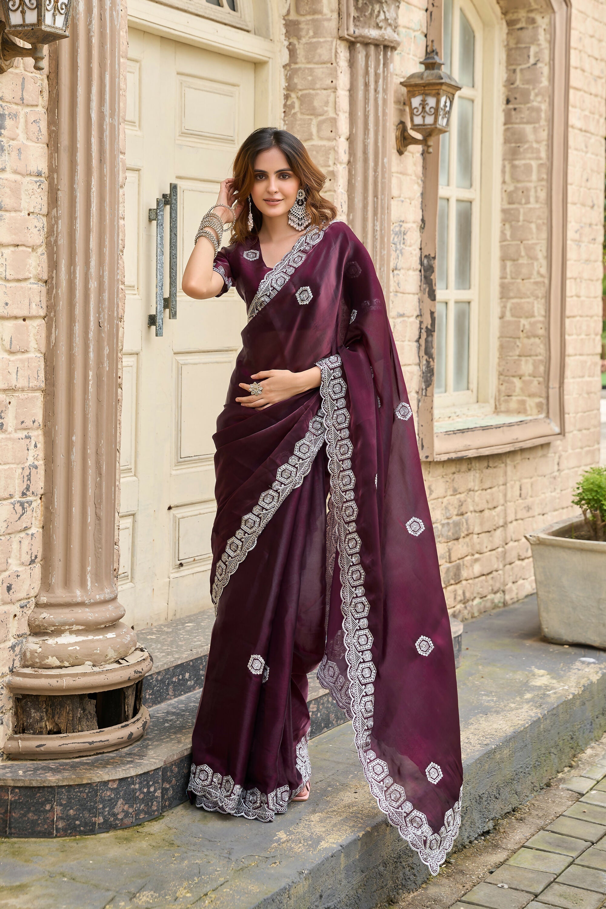 Vastranavya Wine Embroidery Work Shimmer Chiffon Saree with Unstitched Blouse - Distacart