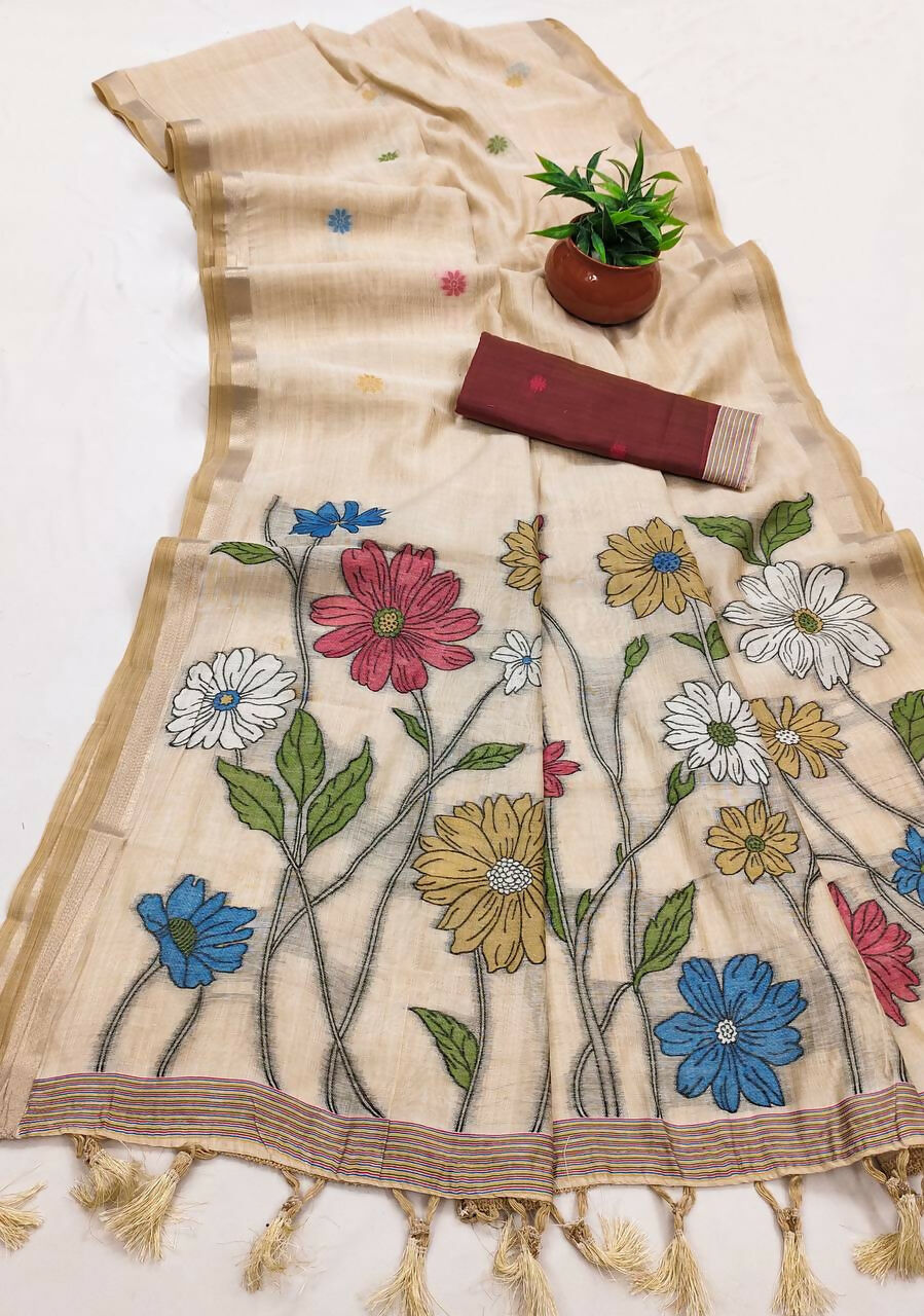 Vastranavya Cream Muga Cotton Meenakari & Azarakh Pallu Saree with Contrast Blouse - Distacart