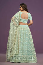 Pista Green Soft Net Thread Sequence Embroidery Work Lehenga Choli - Jihu Culture