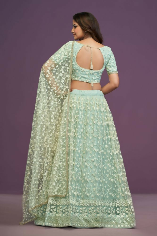 Pista Green Soft Net Thread Sequence Embroidery Work Lehenga Choli - Jihu Culture