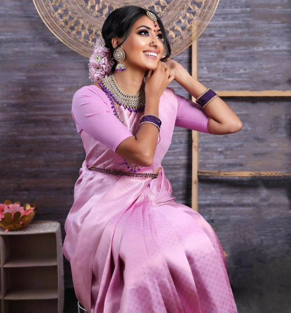 DEIANA'S Beautiful Designer Golden zari Soft Lichi Silk Saree - Baby pink