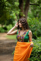 Amodini Designer Studio Women's Green Chinon Lehriya Sleeveless Blouse