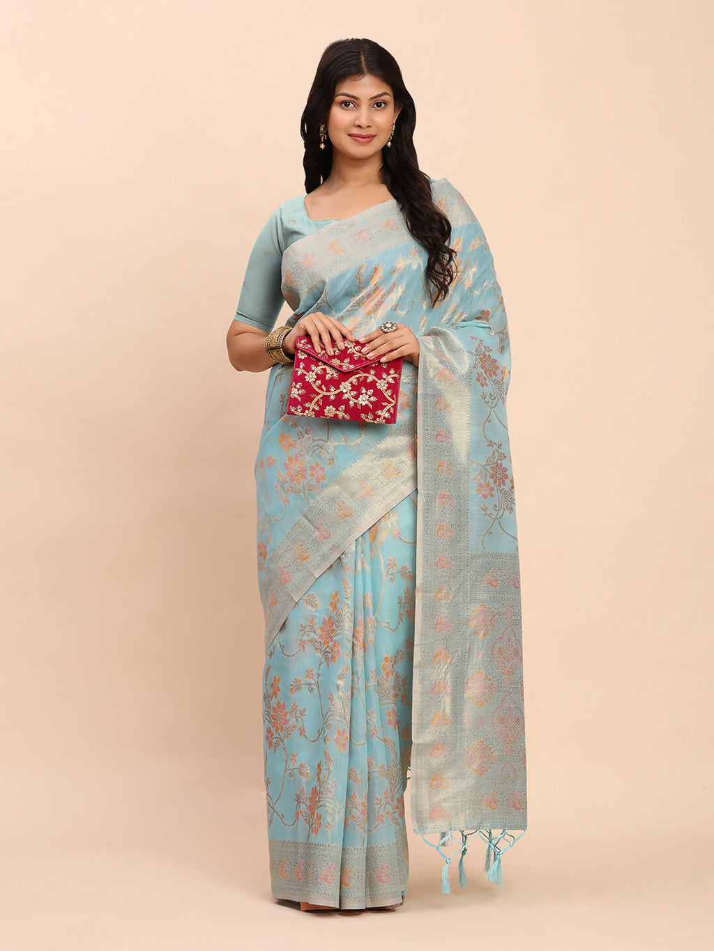 Shree Shyam Fashion Linen Cotton Sky Blue Saree - Distacart
