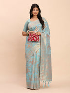 Shree Shyam Fashion Linen Cotton Sky Blue Saree - Distacart