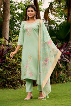 The52 Women's Beautiful Embroidery Work Roman Fabric Straight Kurta Pant and Dupatta Set - Distacart