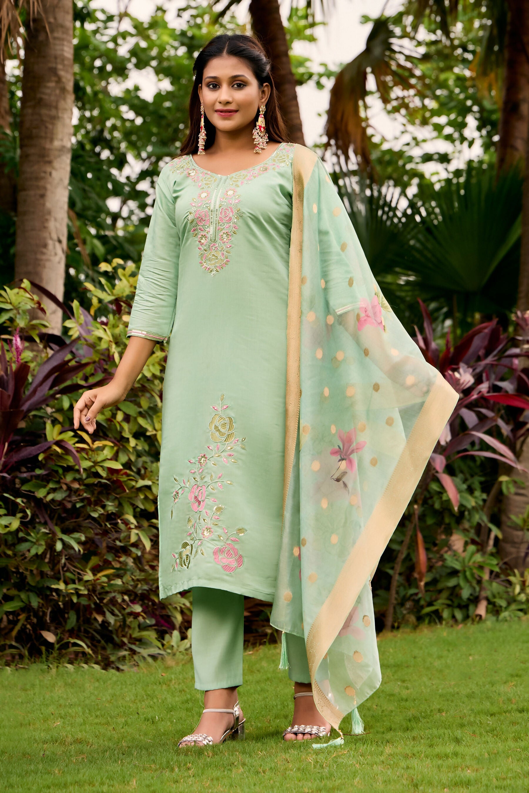 The52 Women's Beautiful Embroidery Work Roman Fabric Straight Kurta Pant and Dupatta Set - Distacart