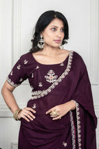 Morchari Wine Chiffon Hand Embroidery Saree And Stitched Blouse - Distacart