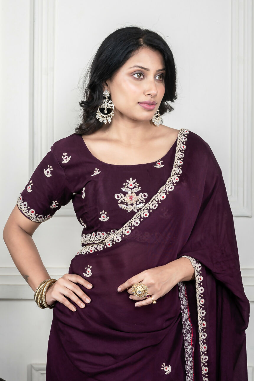 Morchari Wine Chiffon Hand Embroidery Saree And Stitched Blouse - Distacart