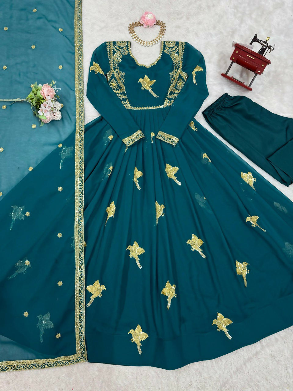 The52 Women's Gorgeous Faux Georgette Fabric Embroidery Work Flared Anarkali Pant and Dupatta Set - Distacart