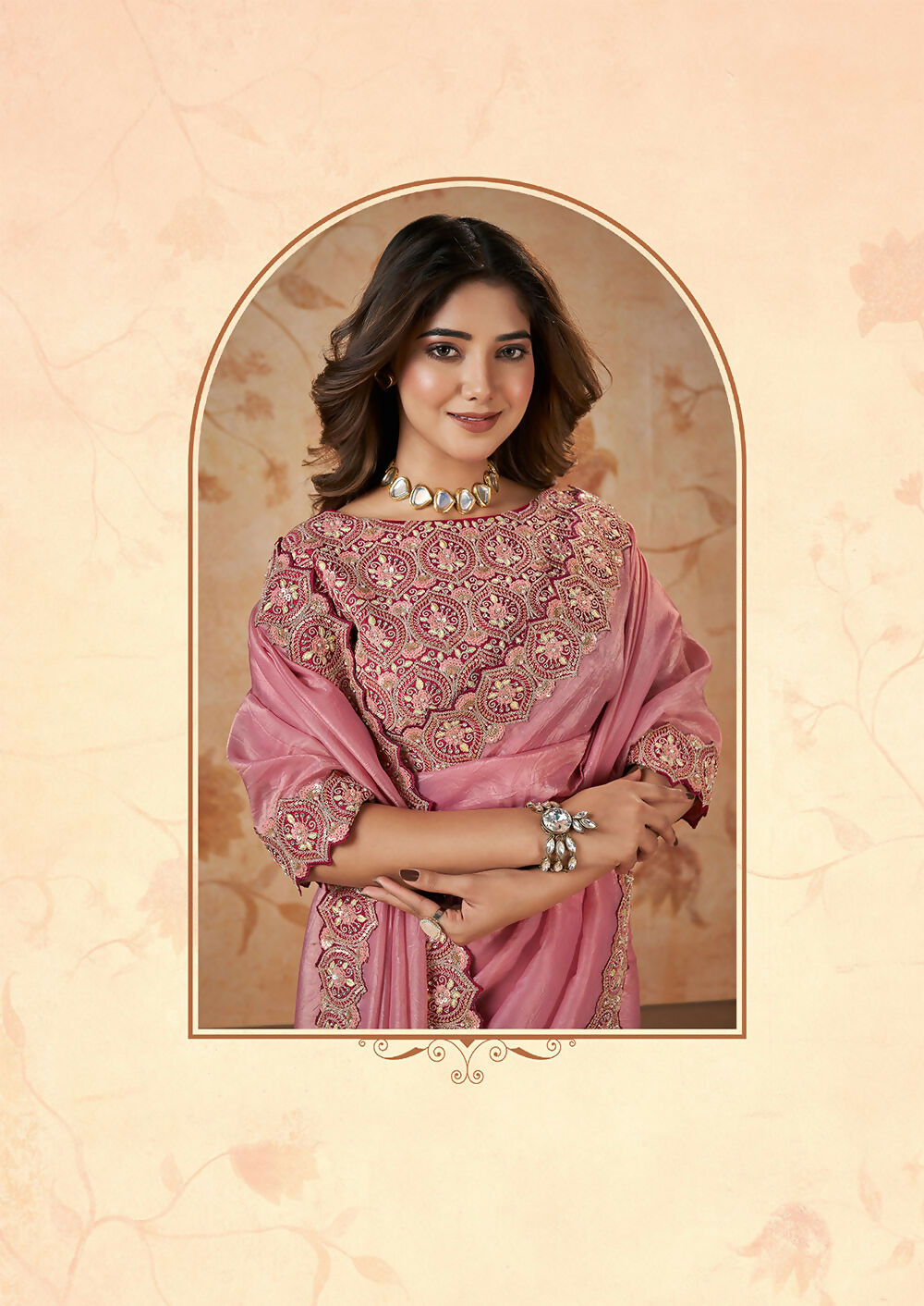 Pink Banarasi Crush Silk Thread, Sequence, Cord and jari Embroidered with Stone Work Saree - Mohmanthan Dakshika