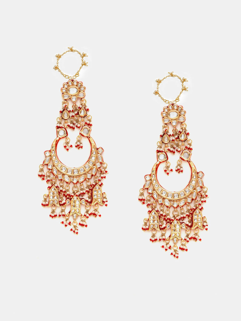 Ruby Raang 22k Gold Polished Kundan Chand Earrings With Ear Chains - Distacart