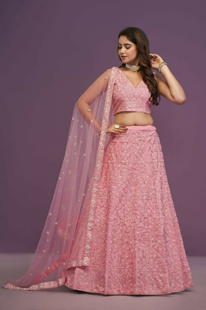 Pink Malai Silk Zari Embroidery Work Lehenga Choli - Jihu Culture