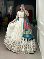 Vastranavya Traditional Special Khadi Cotton Sequins And Thread Embroidery Work Lehenga with Unstitched Blouse - White