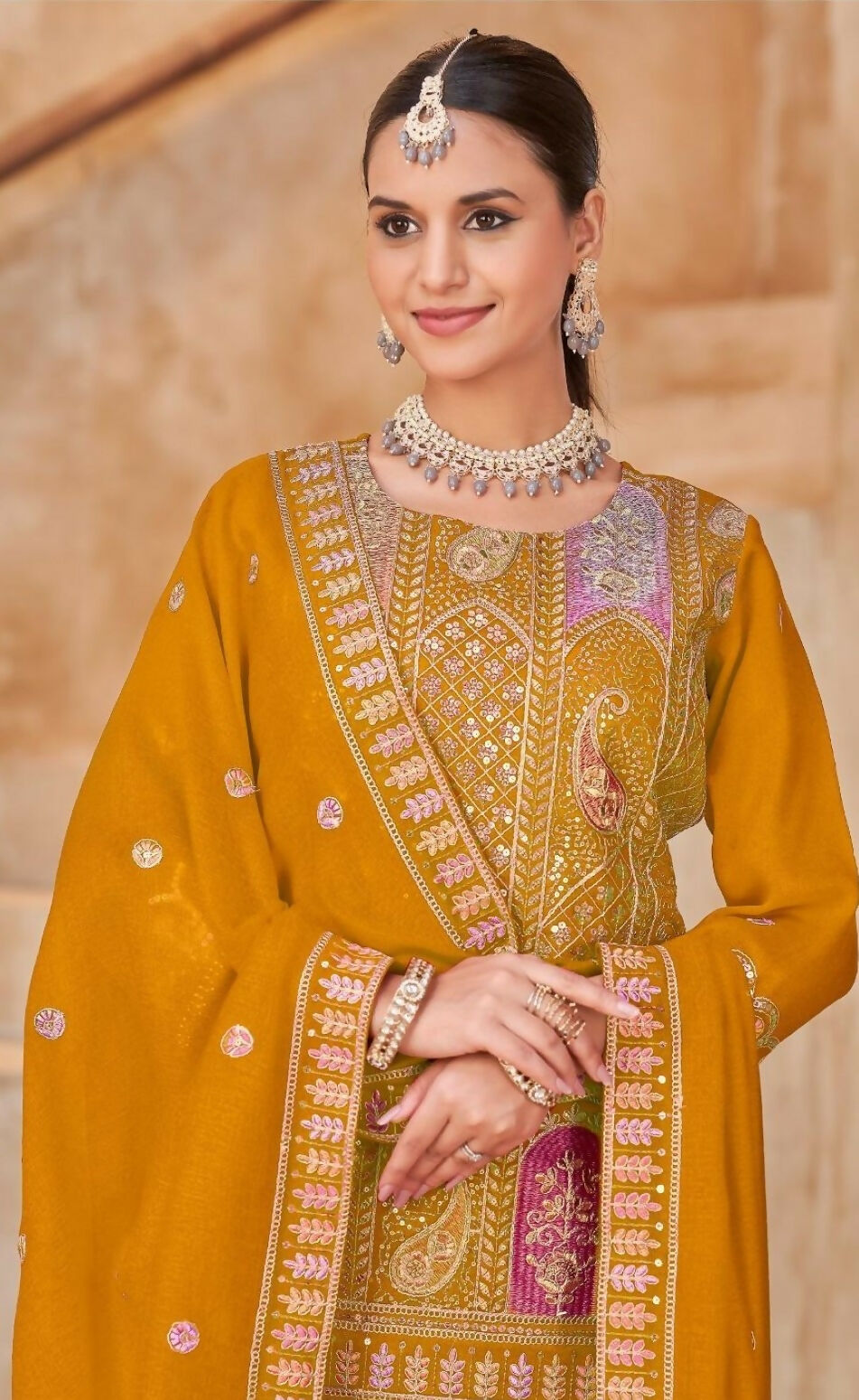 Anaita Mustard Vichitra Silk Readymade Suit with Embroidery & Lace Work - Distacart