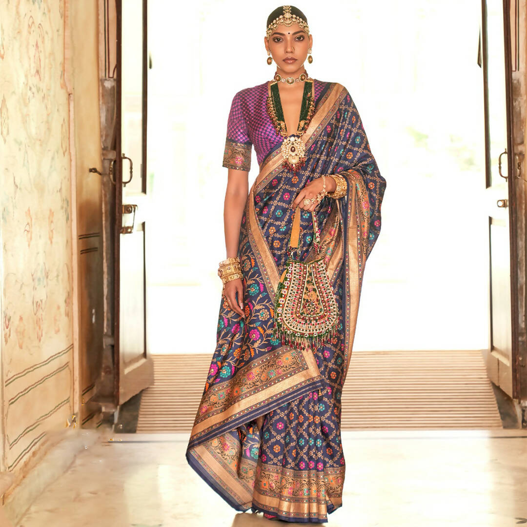 Bay Blue Silk With Banarasi Print Work Saree - Trirath Yamuna