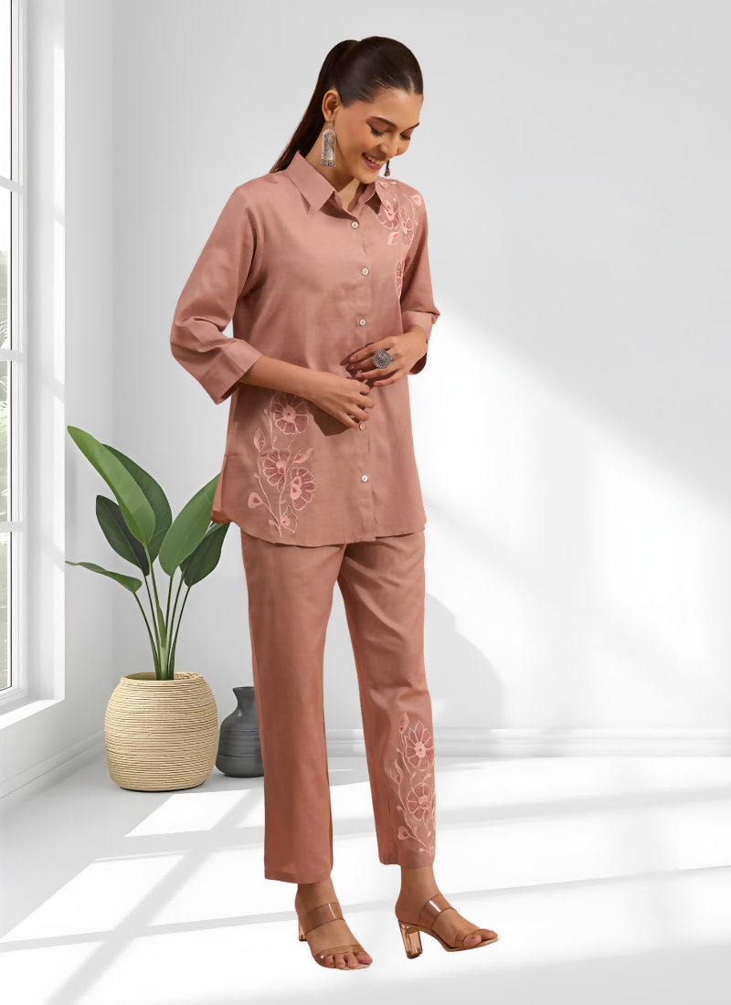 Joban Fashion Powder Pink Cotton, Linen Embroidered Readymade Cord Set - Distacart