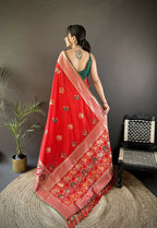 Joban Fashion Red Elephant & Floral Motifs Soft Lichi Silk Banarasi Saree - Distacart