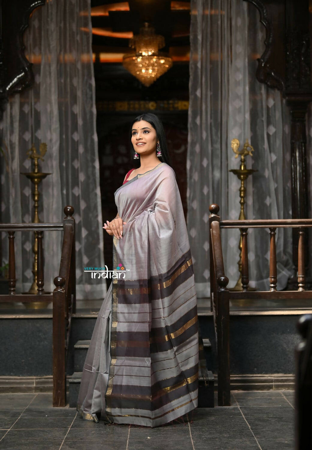 Very Much Indian VMI Exclusive Designer! Handloom Cotton Silk Saree With Sleek Golden Border - Grey Shade