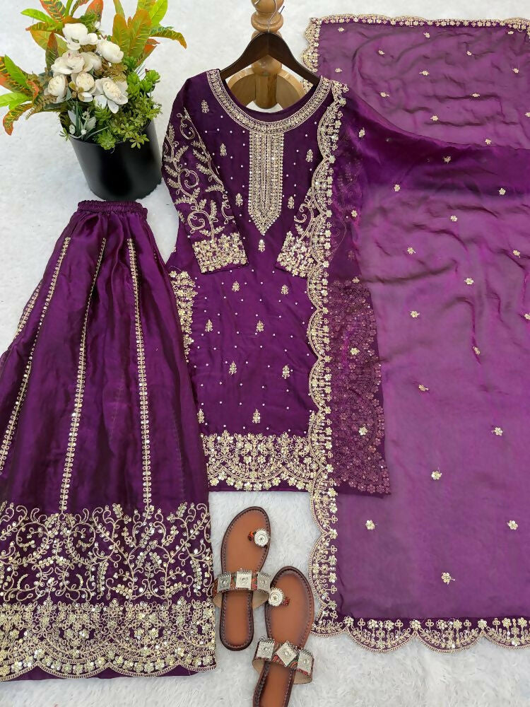 Teeya Creation Wine Color Fendy Silk Embroidery Work Wedding Wear Salwar Suit - Distacart
