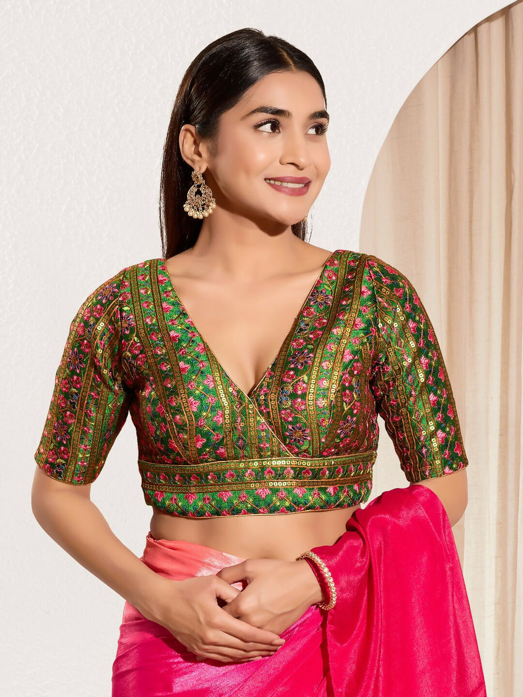 Joban Fashion Bottle Green Mulberry Silk Padded Blouse With V Neck Elbow Sleeves - Distacart