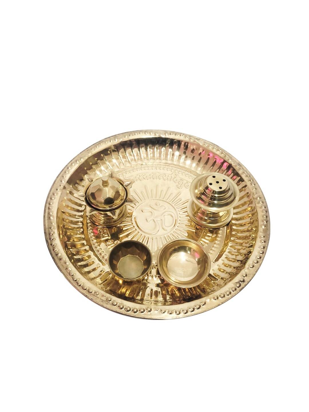 Tied Ribbons Gold Toned Pooja Thali With Attached Incense Diya Tilak Holder