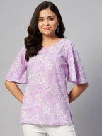 Miravan Women's Lavender-Coloured Bell Sleeve Floral Print Kurti