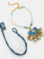 NVR Women & Men Set of 2 Blue Lotus Shape Kundan-Studded & Beaded Wraparound Rakhi Set With Roli Chawal & Chocolate - Distacart