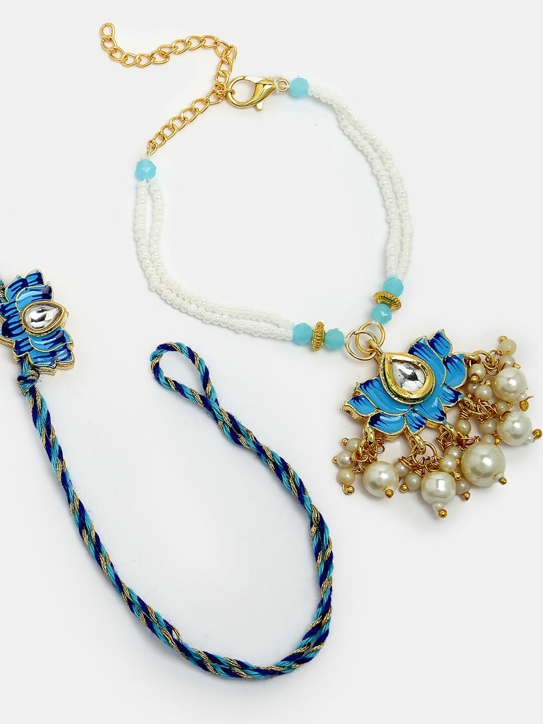 NVR Women & Men Set of 2 Blue Lotus Shape Kundan-Studded & Beaded Wraparound Rakhi Set With Roli Chawal & Chocolate - Distacart