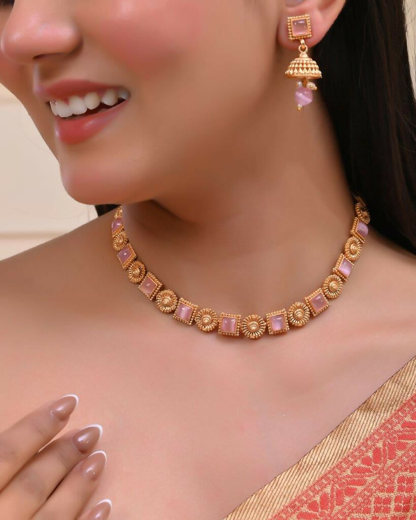 VOJ Gold-Polished Pink Stone Studded Jewellery Set