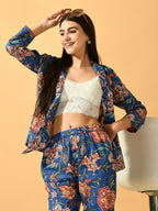 Myshka Women's Blue Printed Floral Jacket