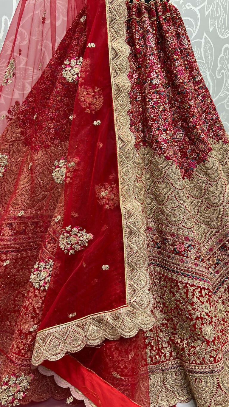 Jyoti Fashion Women's Red Velvet Fancy Dori & Sequins Multi Thread Embroidered with Diamond Work Wedding Lehenga Choli