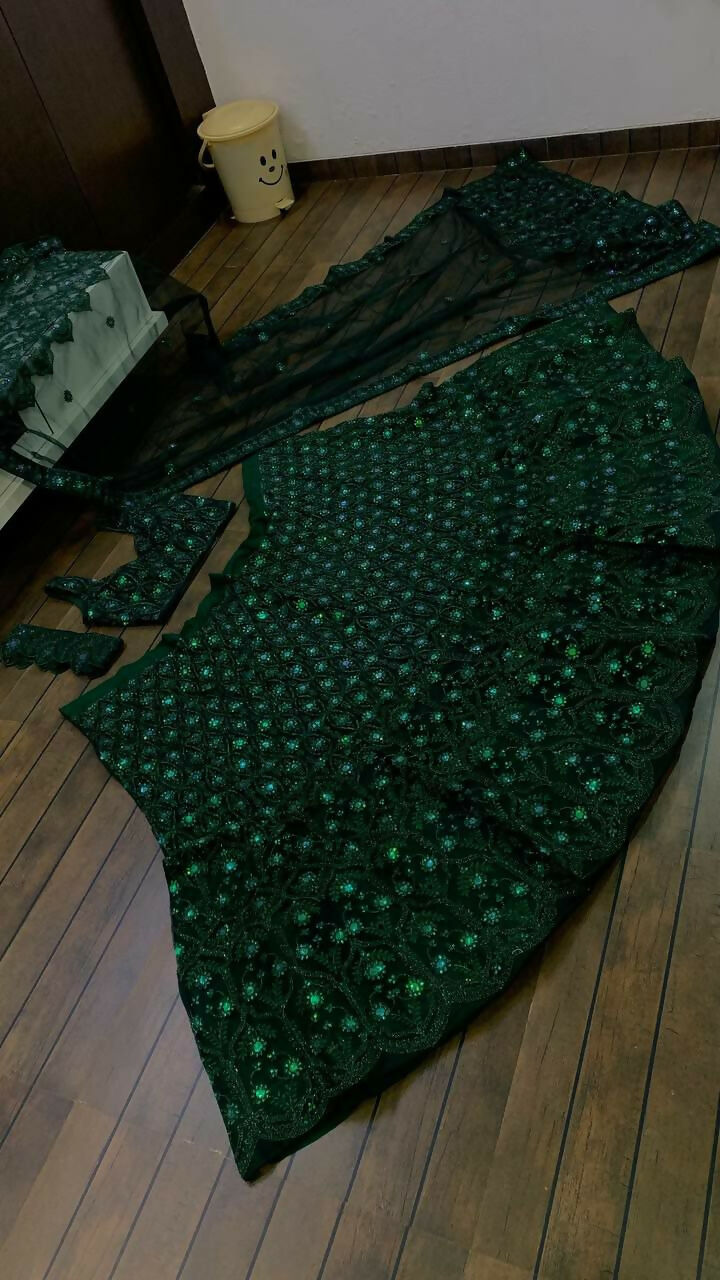 Jyoti Fashion Women's Dark Green Net Sequins with Dori & Thread Embroidered Designer Lehenga Choli Set