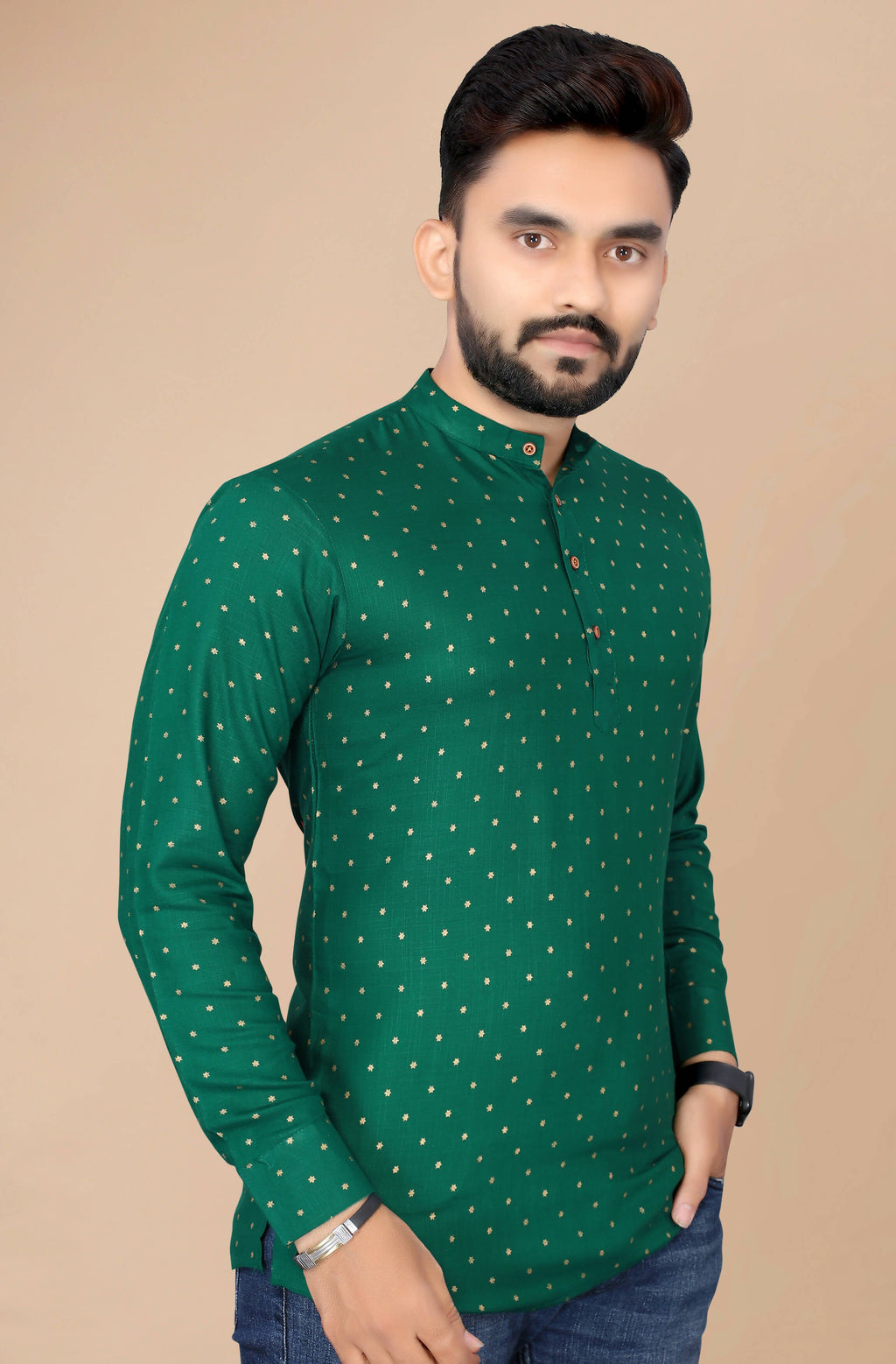 Mens Green Viscose Foil Print Kurta - Mahotsav