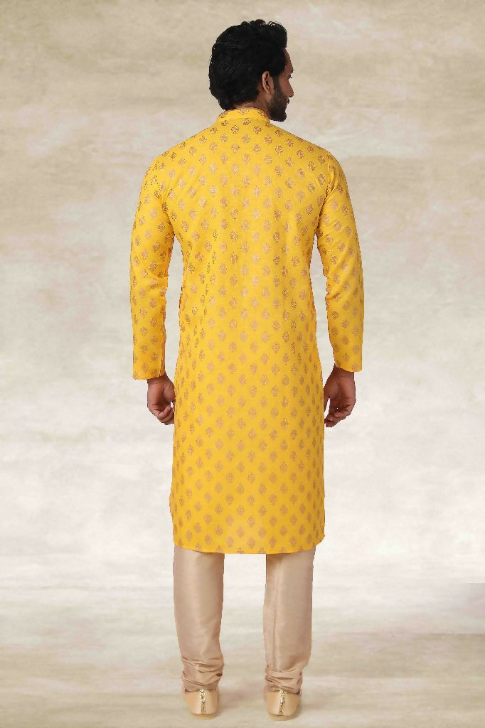 Raivat Ethnic Cotton Printed Work Kurta Pajama In Yellow Colour