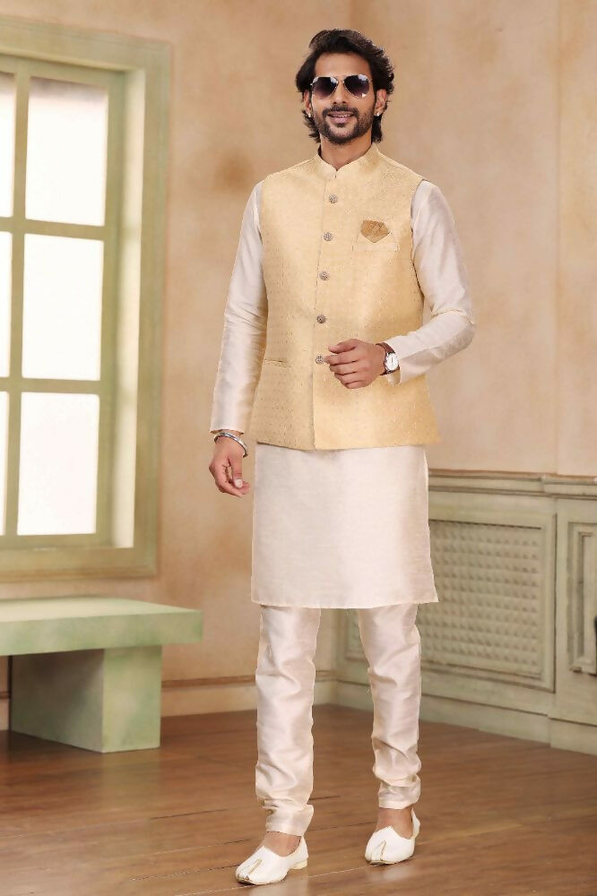 Raivat Ethnic Jacquard Banarasi Silk Woven Work 3 Pics Jacket Set In Beige Colour - Distacart