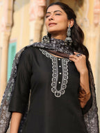 Juniper Women's Black Silk Solid Embroidered Kurta Set - Distacart