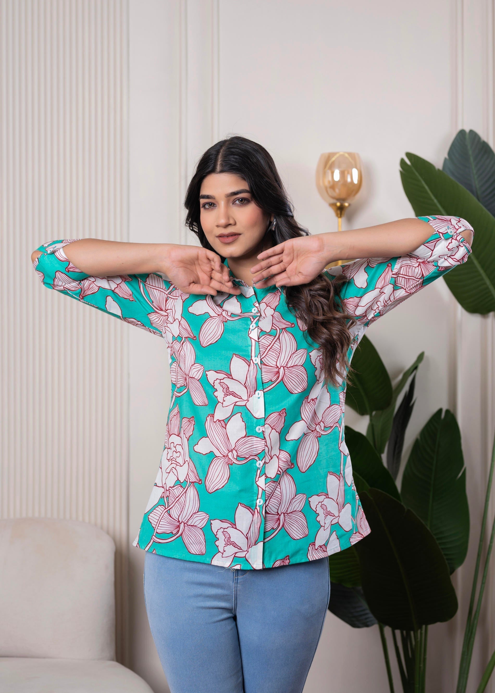 Juniper Lamora Turquoise Floral Button-Down Shirt - Distacart