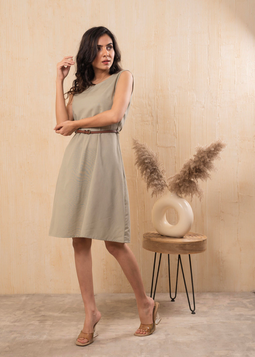 Juniper Lamora Beige Sleeveless A-Line Belted Dress - Distacart