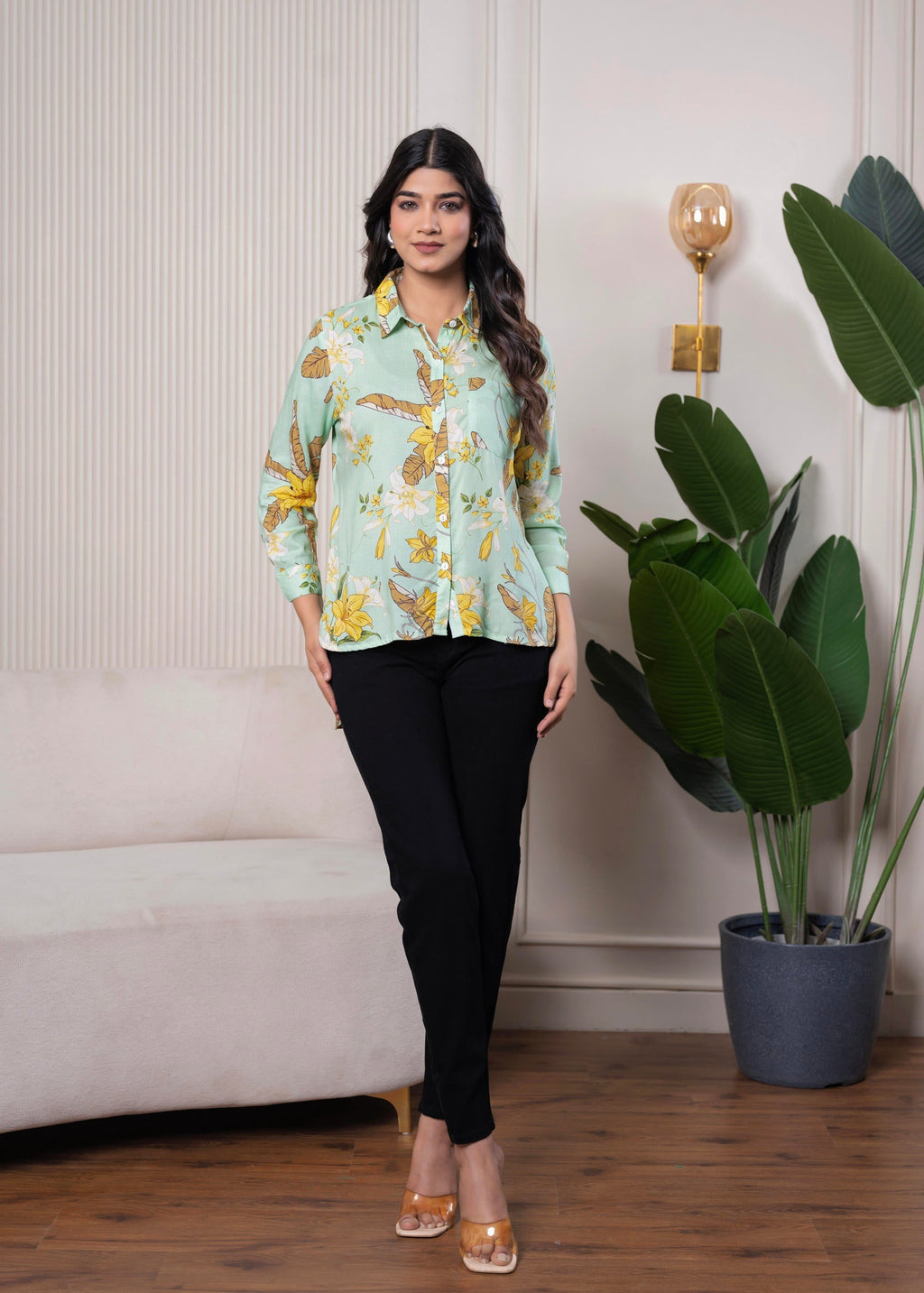 Juniper Lamora Mint Green Floral Print Long Sleeve Button-Down Shirt