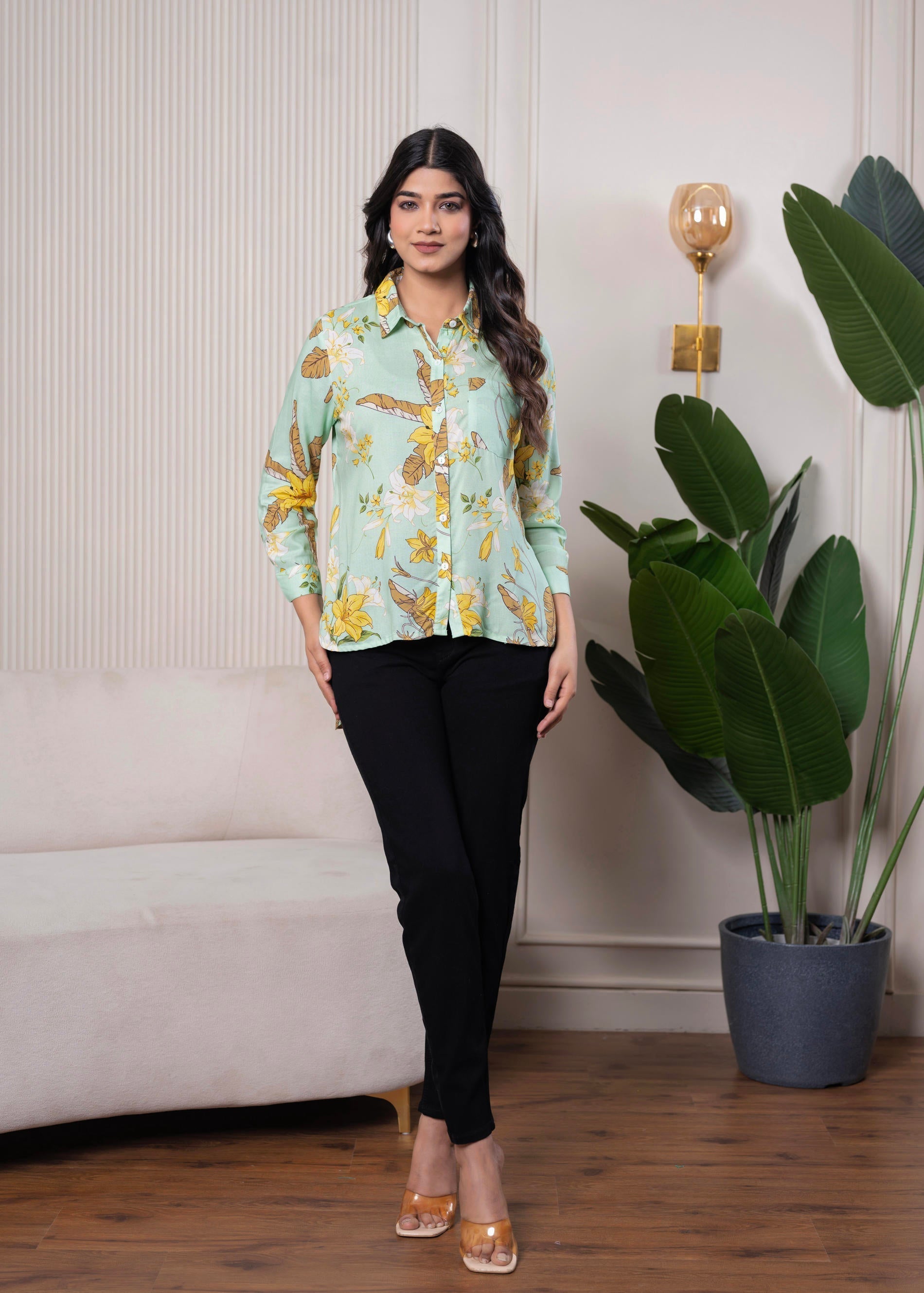 Juniper Lamora Mint Green Floral Print Long Sleeve Button-Down Shirt