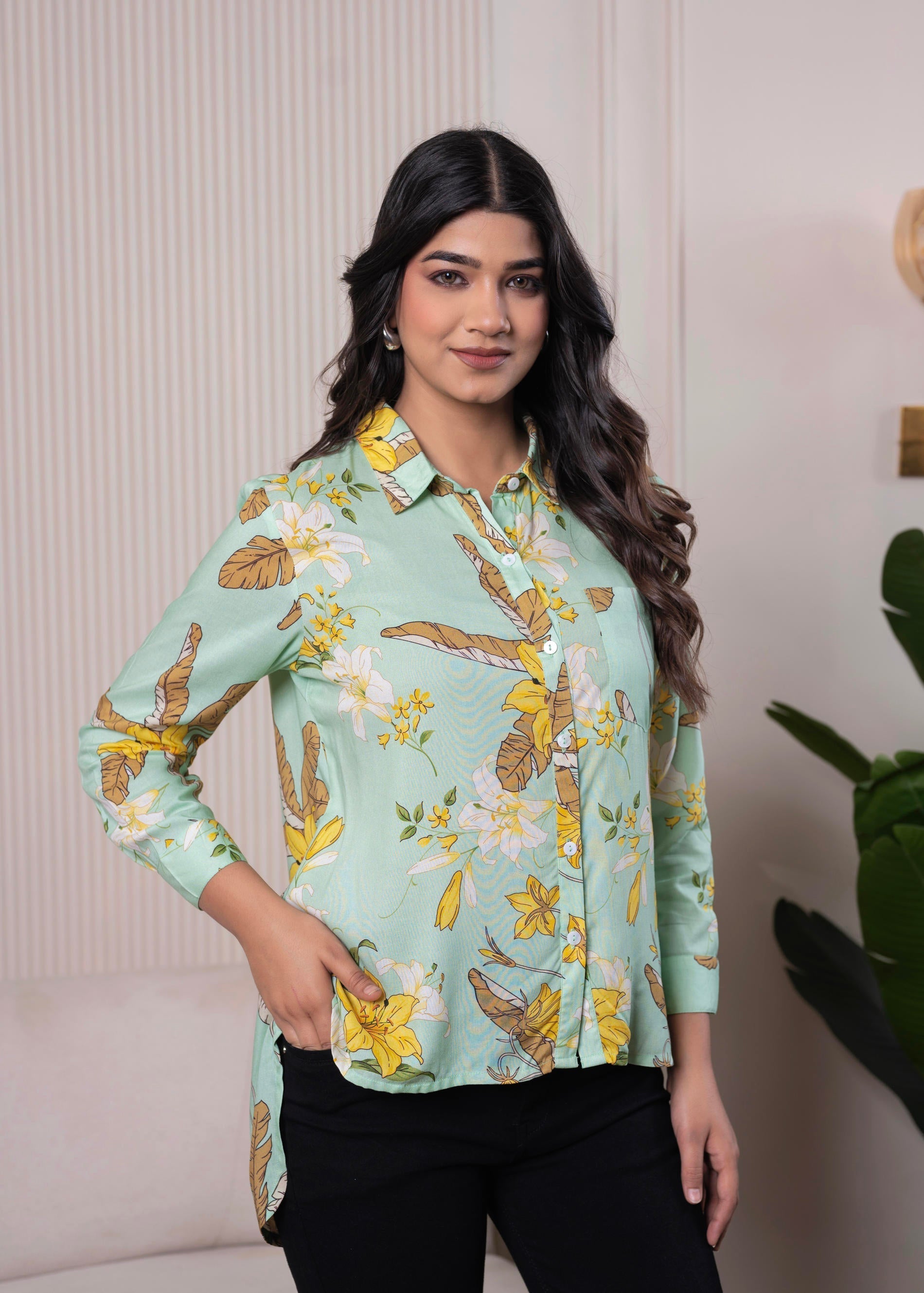 Juniper Lamora Mint Green Floral Print Long Sleeve Button-Down Shirt