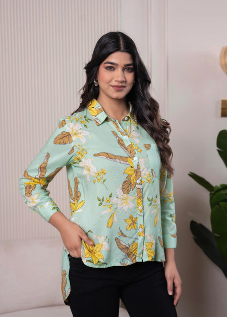 Juniper Lamora Mint Green Floral Print Long Sleeve Button-Down Shirt