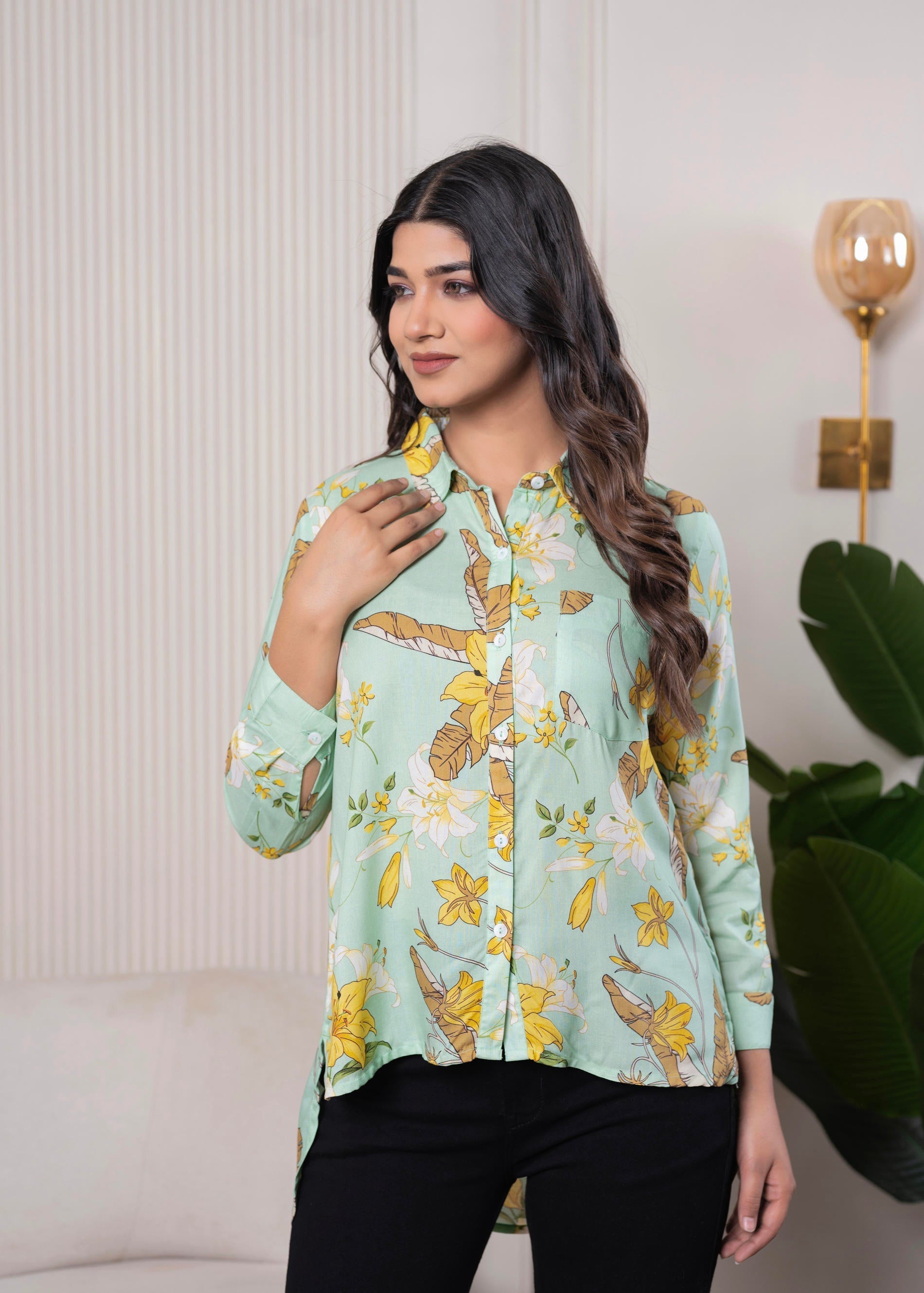Juniper Lamora Mint Green Floral Print Long Sleeve Button-Down Shirt