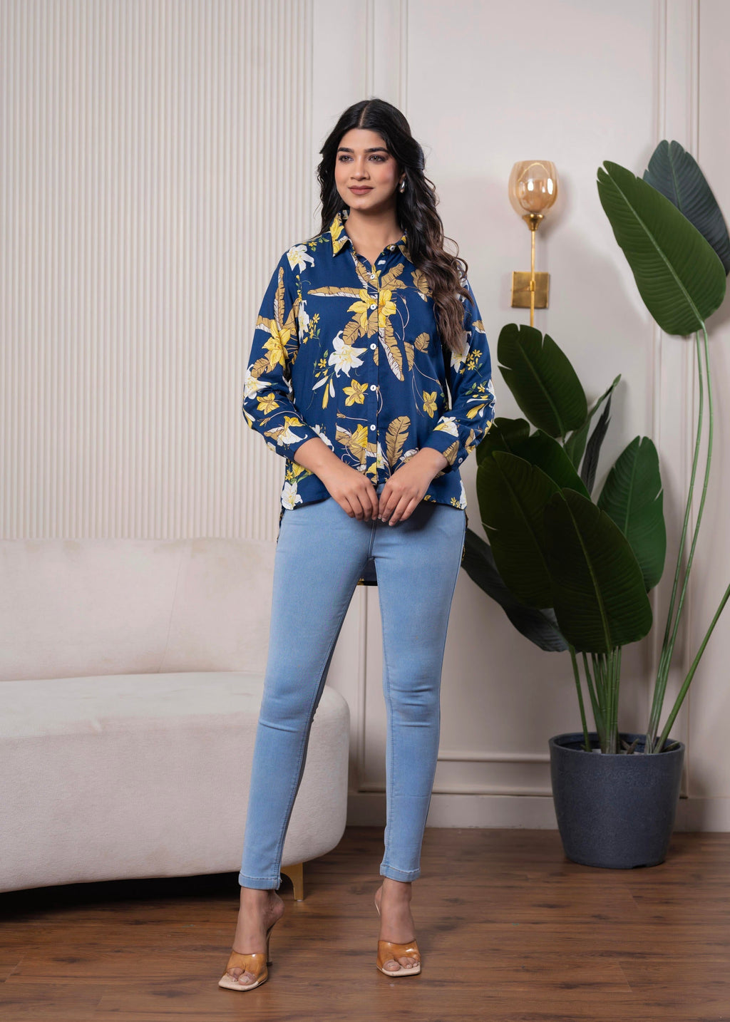 Juniper Lamora Navy Blue Floral Print Long Sleeve Button-Down Shirt - Distacart