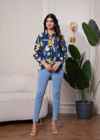Juniper Lamora Navy Blue Floral Print Long Sleeve Button-Down Shirt - Distacart