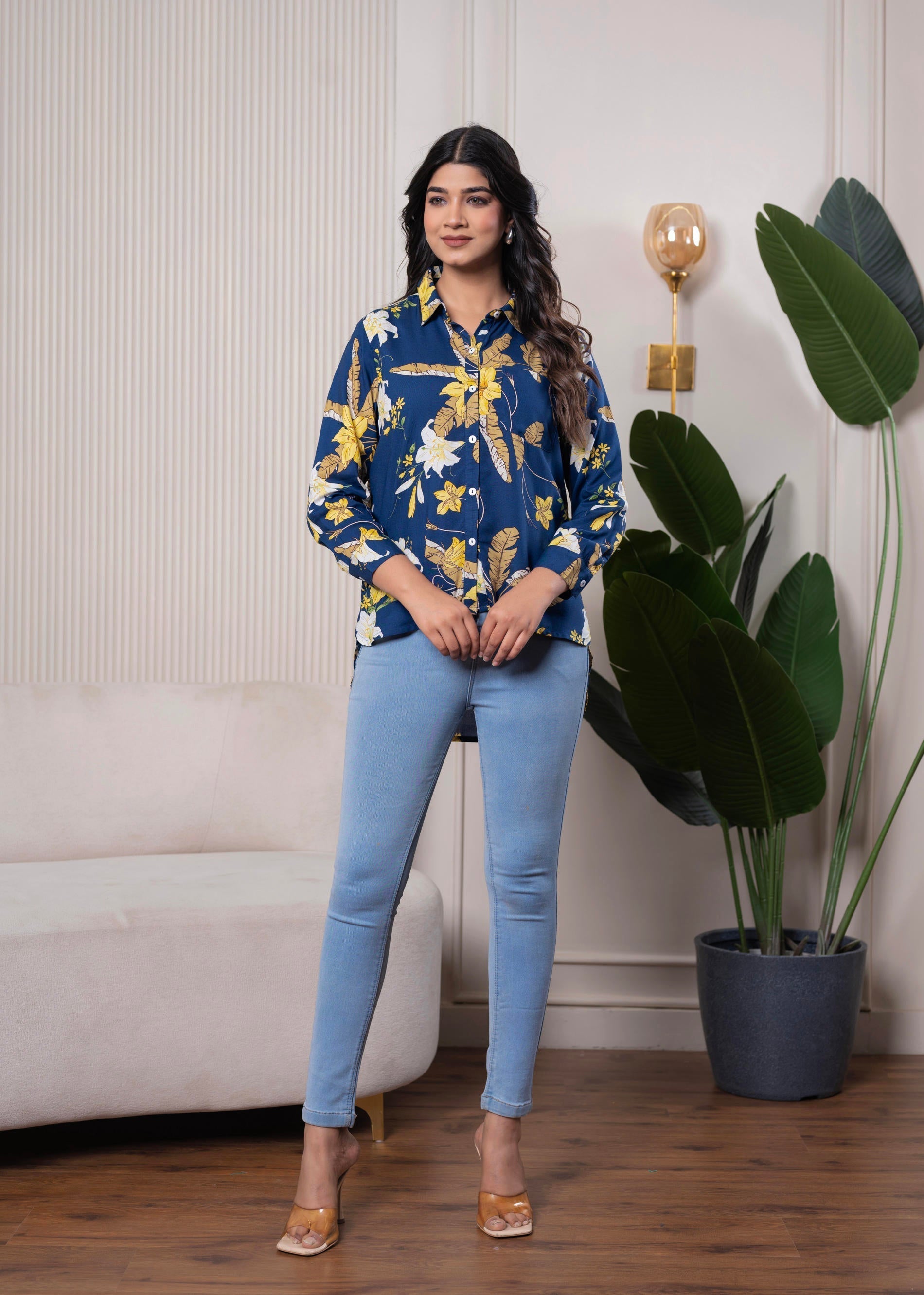 Juniper Lamora Navy Blue Floral Print Long Sleeve Button-Down Shirt - Distacart