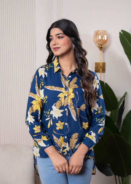 Juniper Lamora Navy Blue Floral Print Long Sleeve Button-Down Shirt