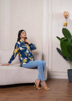 Juniper Lamora Navy Blue Floral Print Long Sleeve Button-Down Shirt - Distacart